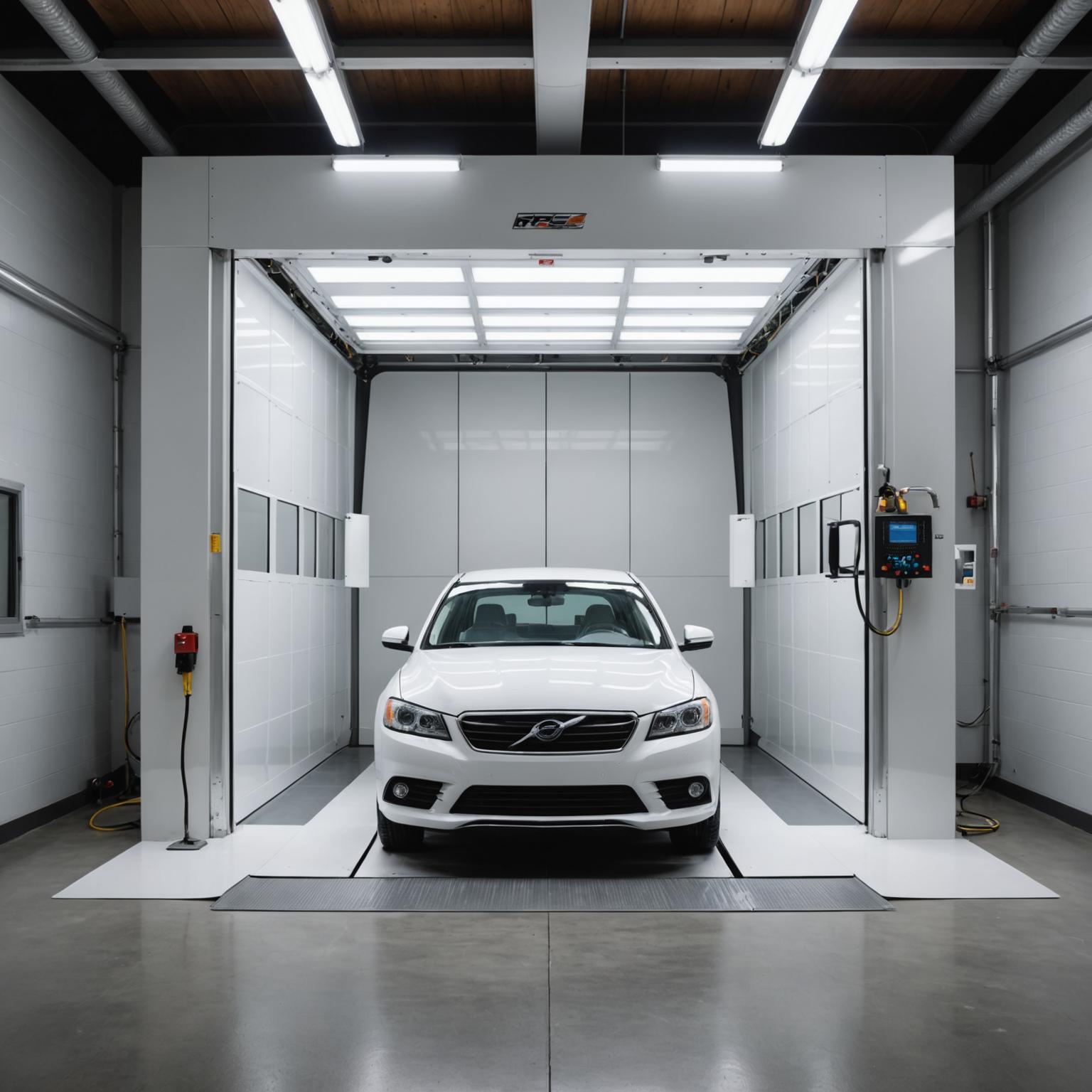 Enclosed paint booth with a panel being prepared for refinish