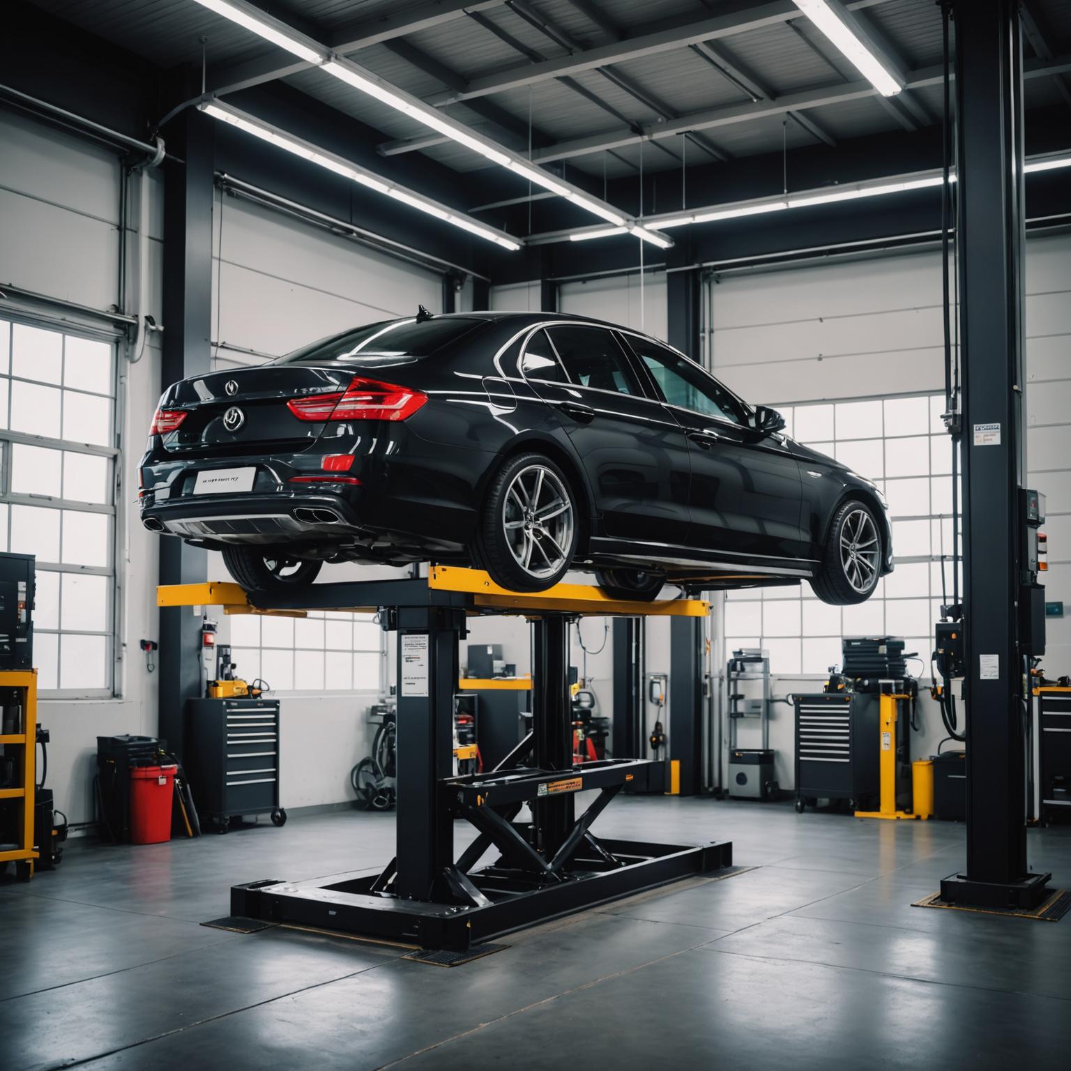 BMW saloon raised on a workshop lift in the Undarix service bay