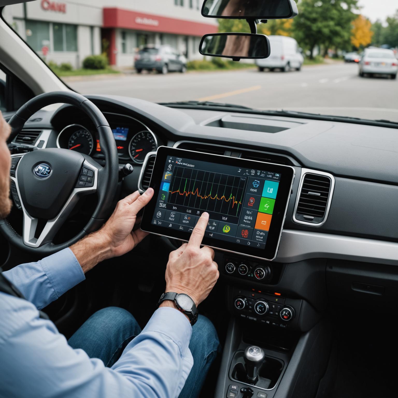 Diagnostic tablet plugged into a vehicle's OBD port showing live engine data