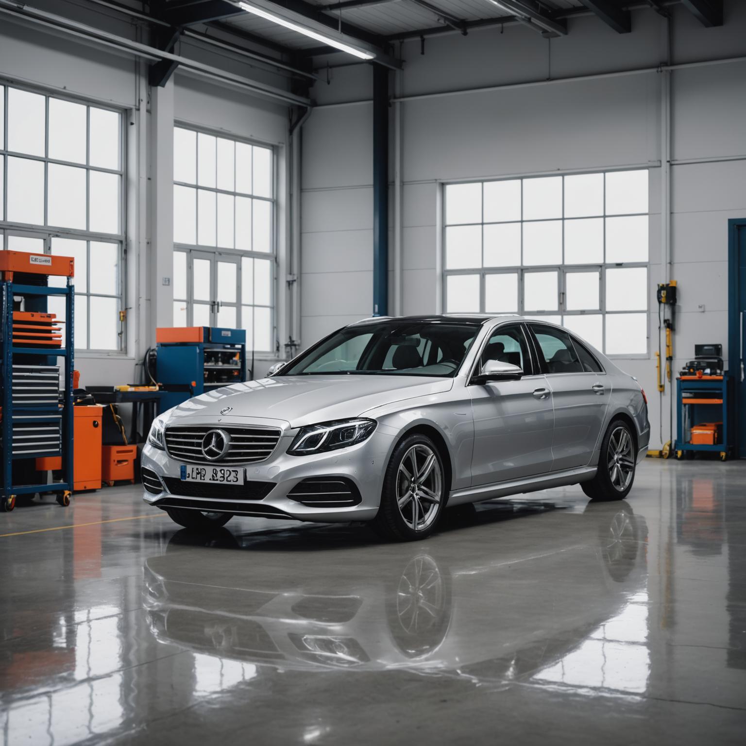 Mercedes-Benz saloon parked in the Undarix workshop awaiting service