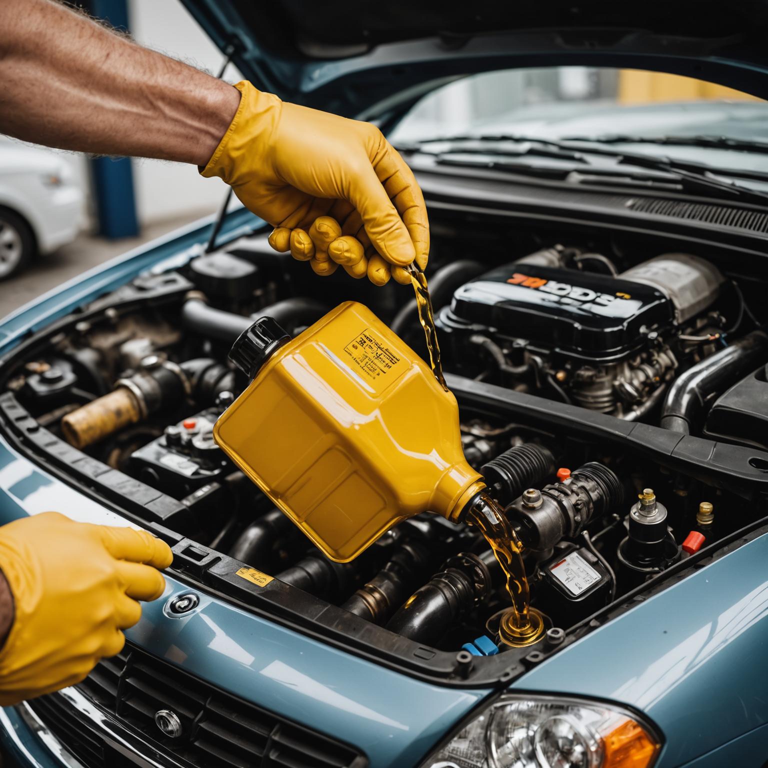 Technician topping up engine oil during a scheduled service