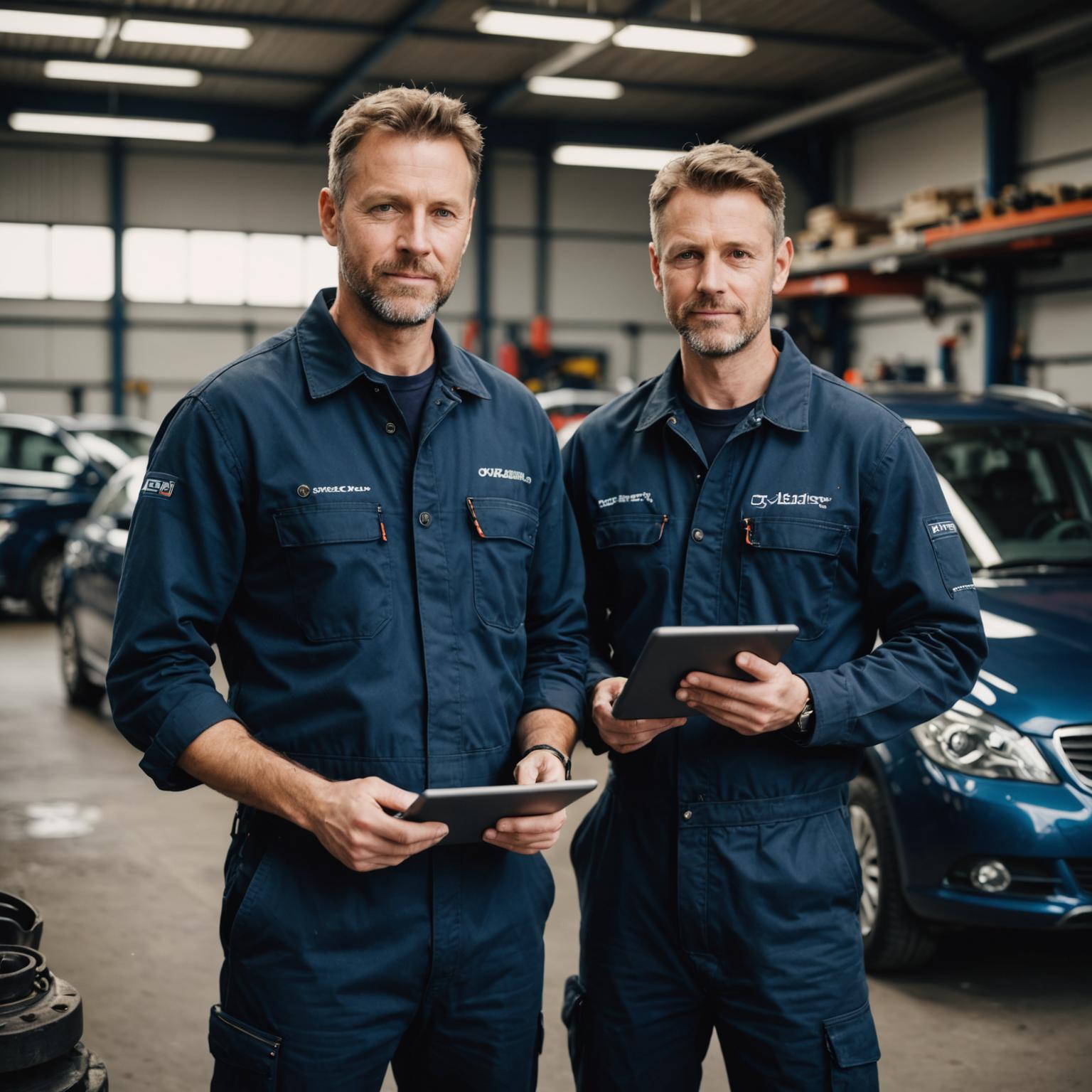 Two senior technicians in workshop overalls reviewing a service report on a tablet