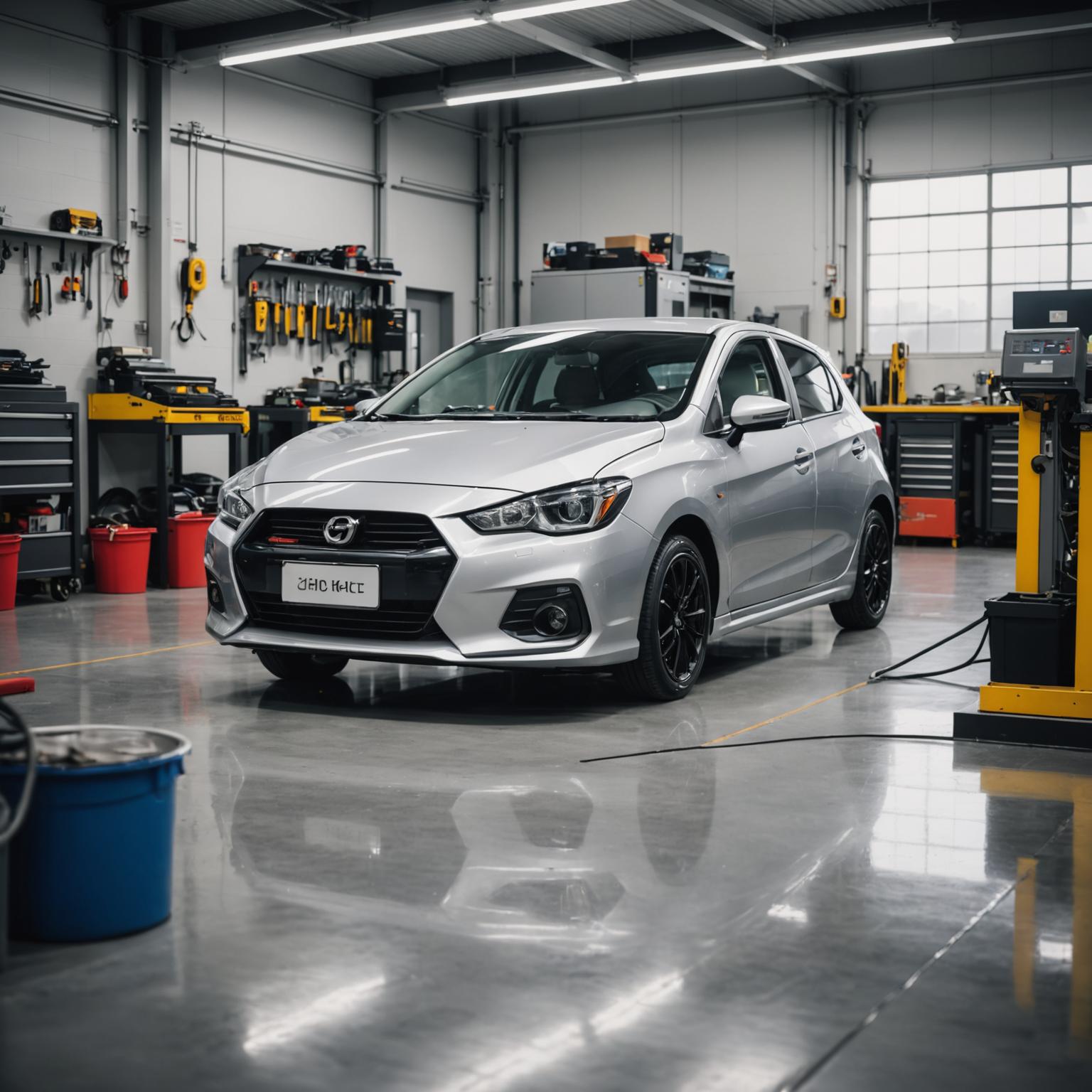 Toyota hybrid hatchback under inspection on a workshop lift