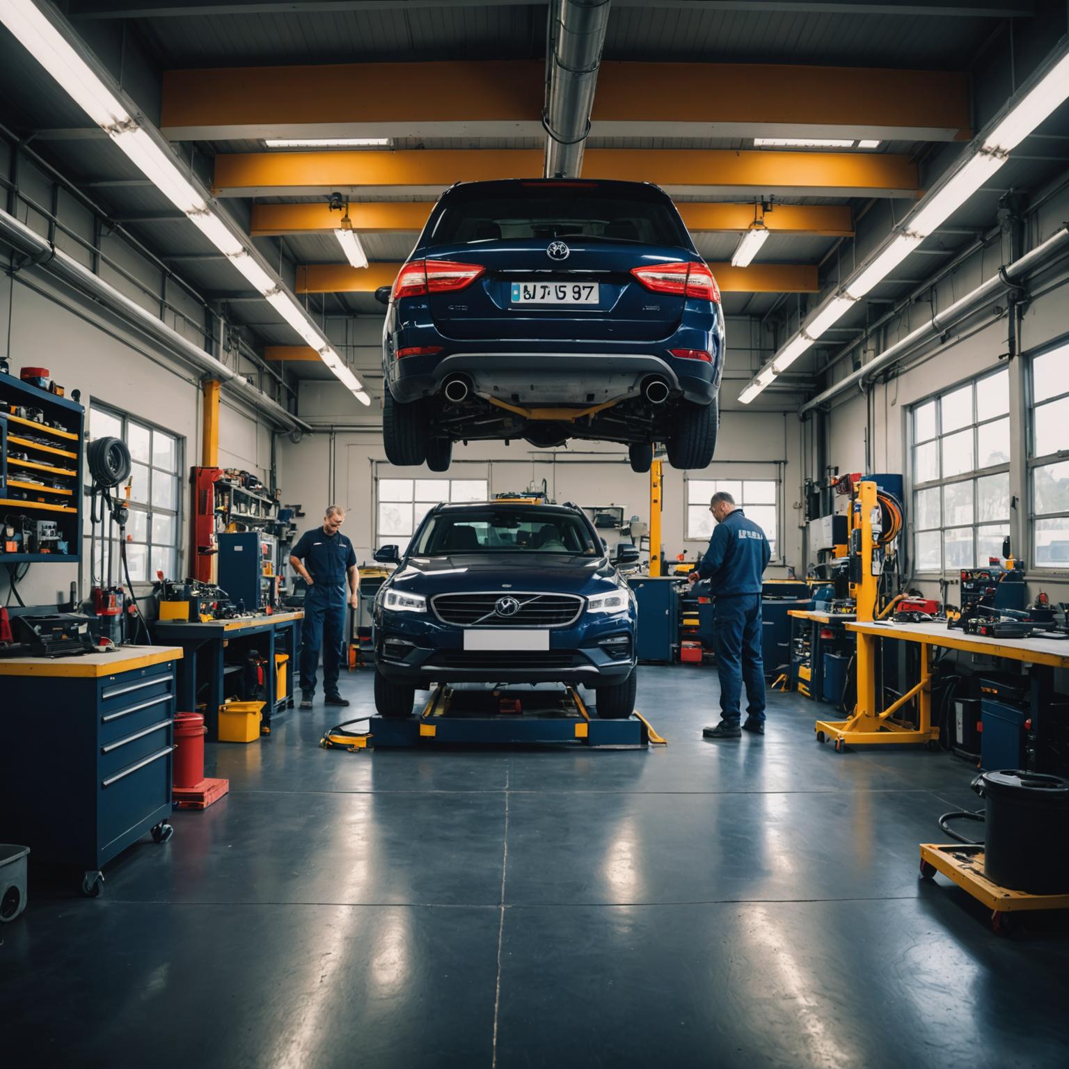Mechanic assessing a vehicle on a four-post lift inside the Undarix workshop bay